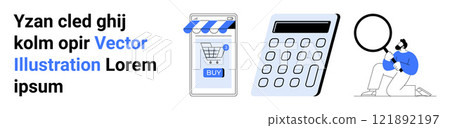 Series of images including a smartphone with a shopping cart icon, a calculator, and a person with a magnifying glass. Ideal for online shopping, e-commerce, mobile apps, financial management 121892197