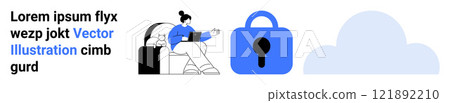 A woman working on a laptop next to a suitcase, a large blue lock symbol, and a cloud icon. Ideal for cybersecurity, cloud computing, remote work, data protection, digital nomad lifestyle. Banner A woman working on a laptop next to a suitcase, a large blue lock symbol, and a cloud icon. Ideal for cybersecurity, cloud computing, remote work, data protection, digital nomad lifestyle. Banner 121892210