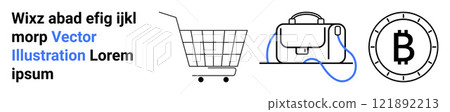 A shopping cart next to a stylish bag and a Bitcoin symbol. Ideal for online shopping, cryptocurrency, e-commerce, fintech, and digital wallets. Banner for a landing page 121892213