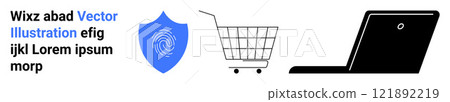Text with security shield, shopping cart, and laptop icons. Ideal for cybersecurity, online shopping, e-commerce, technology, and internet safety. Banner for landing page 121892219