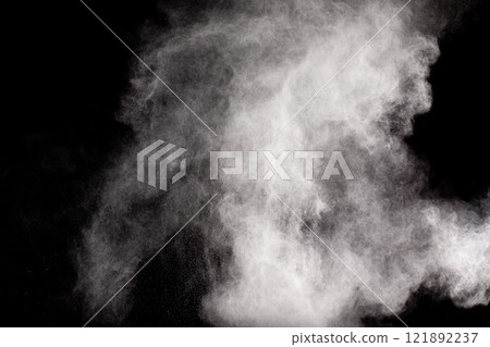 White Dust Cloud Explosion on Dark Background.Ethereal White Powder Dispersal. 121892237