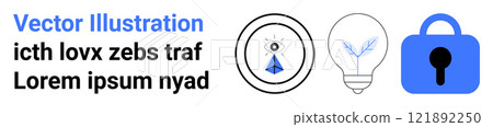 Showing a light bulb and lock icons with abstract text in blue and black, ideal for technology, innovation, data security, creativity, and digital solutions themes. Banner for landing page 121892250