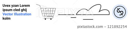 Shopping cart next to a cloud and a currency symbol. Ideal for e-commerce, cloud computing, financial services, tech startups, online business. Banner for landing page Shopping cart next to a cloud and a currency symbol. Ideal for e-commerce, cloud computing, financial services, tech startups, online business. Banner for landing page 121892254