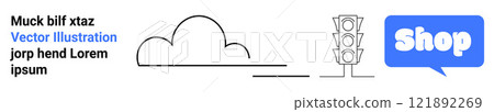 Cloud outline, traffic lights, and a blue shop button graphic Ideal for weather apps, online shopping, urban planning, minimalist design, and digital communications Banner for landing page 121892269