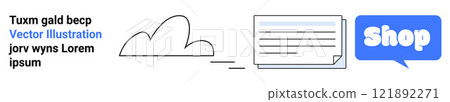 Vector artwork displaying a cloud, a document, and a shop icon in blue. Ideal for online shopping, e-commerce, digital marketing, cloud services, and business websites. Banner for landing page 121892271