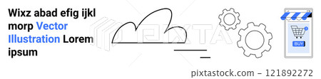 Minimalist design elements including a cloud, gears, and an online store cart icon with dummy text. Ideal for technology, business, cloud computing, e-commerce, and online marketing. Banner 121892272