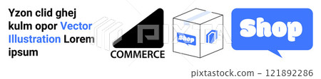 Text, a commerce icon, a shipping box, and a speech bubble with the word shop in blue. Ideal for eCommerce, marketing, online shopping, web design, digital advertising. Banner for landing page Text, a commerce icon, a shipping box, and a speech bubble with the word shop in blue. Ideal for eCommerce, marketing, online shopping, web design, digital advertising. Banner for landing page 121892286