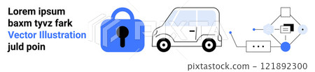 Featuring a blue lock, a white car, and an electric charging connector, this design emphasizes vehicle security, electric vehicles, technology integration, and sustainable transportation. Ideal 121892300