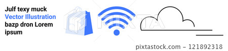Shopping bag in blue, wireless signal in blue, and simple black cloud line art. Ideal for online shopping, technology, connectivity, cloud storage, and web services. Landing page Shopping bag in blue, wireless signal in blue, and simple black cloud line art. Ideal for online shopping, technology, connectivity, cloud storage, and web services. Landing page 121892318