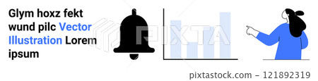 A person in blue points at a bar chart with a notification bell icon and placeholder text. Ideal for business updates, data analysis, notifications, communication, and presentations. Banner 121892319