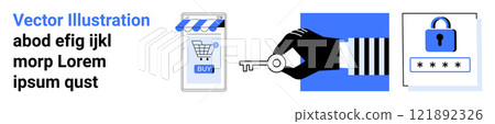 Vector of a mobile shopping cart, a hand holding a key, and a password lock on a blue background Ideal for e-commerce, cybersecurity, online shopping, digital security, and technology uses Banner 121892326