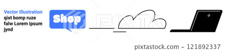 Laptop with cloud connected to a speech bubble with Shop. Ideal for e-commerce, online shopping, technology, cloud services, and digital marketing. Banner for landing page 121892337