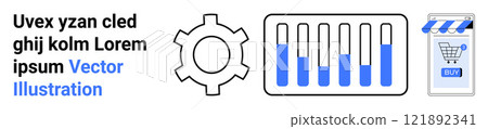 Gear symbol, bar graph, and online store icon with placeholder text in bold. Ideal for technology, analytics, commerce, business presentations, and web design. Banner for landing page 121892341