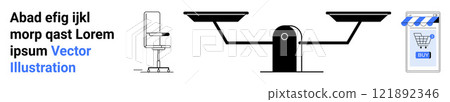Black and white balanced scales representing equality and justice. Shopping cart on the right side symbolizes e-commerce. Ideal for legal, online shopping, balance, justice, and commercial themes Black and white balanced scales representing equality and justice. Shopping cart on the right side symbolizes e-commerce. Ideal for legal, online shopping, balance, justice, and commercial themes 121892346