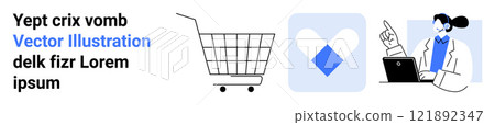 Shopping cart, heart symbol, and woman in lab coat with laptop. Ideal for e-commerce, online medical consultation, love and affection, internet services, and customer support. Banner for landing page 121892347