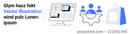 Computer screen with software interface, gear with people icons, and shopping bag with logo. Ideal for e-commerce, business solutions, technology, online shopping, customer management. Landing page 121892348