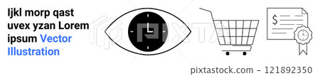 Simple design showing an eye with a clock, a shopping cart, and a certificate with a ribbon. Ideal for time management, e-commerce, certifications, business, and marketing. Banner for landing page Simple design showing an eye with a clock, a shopping cart, and a certificate with a ribbon. Ideal for time management, e-commerce, certifications, business, and marketing. Banner for landing page 121892350