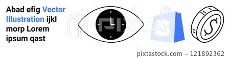 Eye with a clock, shopping bag with an S, and a coin. Ideal for time management, retail, online shopping, financial planning, and digital applications. Landing page 121892362
