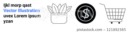 Icons featuring a potted plant, a dollar sign, and a shopping cart. Ideal for e-commerce, online shopping, retail, finance, and marketing themes. Banner for landing page Icons featuring a potted plant, a dollar sign, and a shopping cart. Ideal for e-commerce, online shopping, retail, finance, and marketing themes. Banner for landing page 121892365