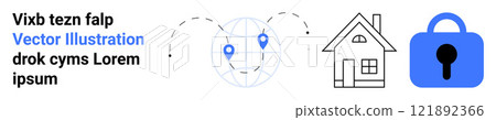 Text on the left with two map pins on a globe, a house and a padlock. Ideal for technology, location services, real estate, home security, and digital safety. Banner for landing page 121892366