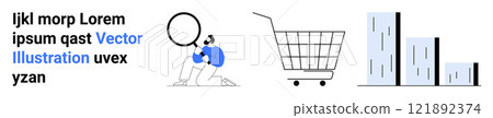 Person analyzing data with magnifying glass, shopping cart, and bar chart representing analytics, shopping trends, and data analysis. Ideal for e-commerce, business analysis, market research, data 121892374