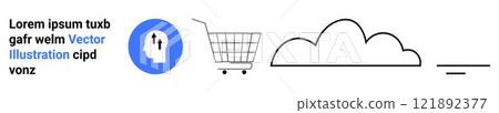 Blue circular icon with a human head and arrows, a shopping cart, a cloud, and horizontal lines. Ideal for e-commerce, cloud computing, user experience design, digital marketing, and technology 121892377