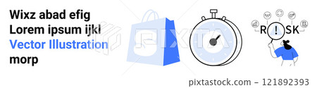 Blue shopping bag, stopwatch with ticking hand, person analyzing risk. Ideal for e-commerce, time management, efficiency, risk assessment, and modern business. Landing page 121892393