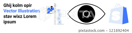 Large central eye with ladder labelled RISK and small figure climbing, adjacent text, and shopping bag. Ideal for business, precaution, vision, e-commerce, branding. Landing page 121892404