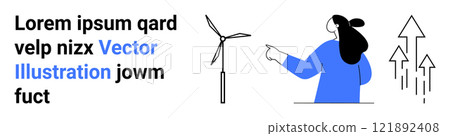 Woman in blue top pointing at wind turbine with upward arrows symbolizing growth and progress. Ideal for renewable energy, sustainability, innovation, environmental awareness, clean energy. Banner 121892408