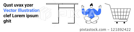 Minimalistic design shows text, a table, a person meditating, and a shopping cart. Ideal for wellness, e-commerce, minimalism, productivity, and online services. Banner for landing page Minimalistic design shows text, a table, a person meditating, and a shopping cart. Ideal for wellness, e-commerce, minimalism, productivity, and online services. Banner for landing page 121892422