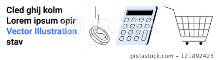 Includes a shopping cart, coin, and calculator with text and symbols. Ideal for e-commerce, financial management, online shopping, budgeting, and retail business. Banner for landing page Includes a shopping cart, coin, and calculator with text and symbols. Ideal for e-commerce, financial management, online shopping, budgeting, and retail business. Banner for landing page 121892423