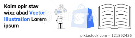 Hand pointing at gear with coin symbol, blue shopping bag with white symbol, and open book. Ideal for e-commerce, online learning, digital technology, shopping, education. Landing page 121892426