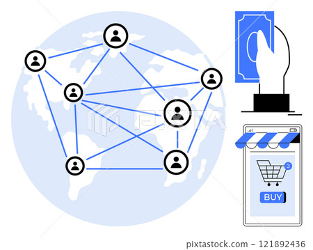 Globe connected by lines and user icons, hand holding currency, and a smartphone with a shopping cart showing buy button. Ideal for e-commerce, digital transactions, global trade, online shopping 121892436
