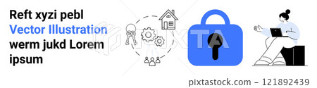 Text on the left, technology icons in the center including gears, a house, a padlock, and a person on a laptop on the right. Ideal for cybersecurity, remote work, technology, data protection 121892439