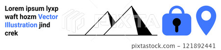 Featuring pyramids, a security lock, and a location pin. Ideal for data security, travel, navigation, geographic services, and tourism. Banner for landing page Featuring pyramids, a security lock, and a location pin. Ideal for data security, travel, navigation, geographic services, and tourism. Banner for landing page 121892441