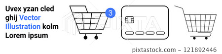 Three vector images a shopping cart with a number tag, a credit card, and another shopping cart. Ideal for online shopping, e-commerce, digital payments, retail and business marketing. Banner 121892446