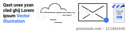 Simple icons of a cloud, an envelope with lines representing messages, and a shopping cart. Ideal for cloud computing, email marketing, online retail, automation, and digital communication. Banner Simple icons of a cloud, an envelope with lines representing messages, and a shopping cart. Ideal for cloud computing, email marketing, online retail, automation, and digital communication. Banner 121892448