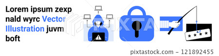 Series of images including a hacker, padlock, and phishing scam icon. Ideal for cybersecurity awareness, online safety, data protection, anti-phishing campaigns, information security. Banner 121892455