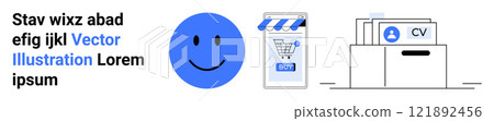 Simplified image featuring a happy face, a shopping cart icon on a storefront, and organized documents labeled CV in a drawer. Ideal for online shopping, digital marketing, e-commerce, document 121892456