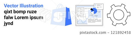 Shopping bag, data analytics dashboard, and gear symbol. Ideal for e-commerce, data analysis, web development, online shopping, and marketing. Landing page 121892458