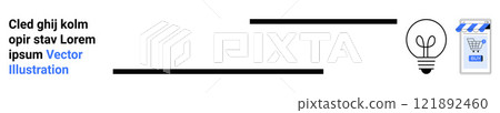 Light bulb and shopping cart icons with placeholder text and lines symbolizing creativity and online shopping. Ideal for e-commerce, innovation, business, marketing, and technology. Banner 121892460