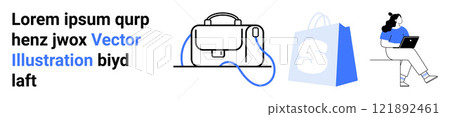 Text placeholder with bag illustration, shopping bag, and person using a laptop. Ideal for e-commerce, online shopping, digital lifestyle, marketing promotions, online stores. Landing page Text placeholder with bag illustration, shopping bag, and person using a laptop. Ideal for e-commerce, online shopping, digital lifestyle, marketing promotions, online stores. Landing page 121892461