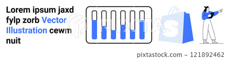 Text on the left side. Center shows a bar chart colored in blue and black. An individual with a shopping bag on right. Ideal for business, e-commerce, analytics, marketing, finance. Landing page 121892462