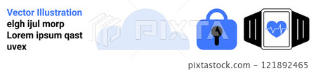 A cloud, a blue padlock, and a smartwatch with a heart rate symbol. Ideal for security, data storage, health tech, wearable devices, and technology. Banner for landing page 121892465