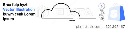 Cloud with an electric light bulb and a shopping bag icon. Ideal for cloud computing, creativity, shopping, innovation, and business services. Minimalistic design with a focus on simplicity. Landing 121892467