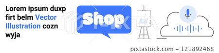 Shop button next to lorem ipsum text, an artwork on an easel, and a microphone in a cloud with sound waves. Ideal for e-commerce, online shopping, digital art, content creation, marketing. Banner Shop button next to lorem ipsum text, an artwork on an easel, and a microphone in a cloud with sound waves. Ideal for e-commerce, online shopping, digital art, content creation, marketing. Banner 121892468