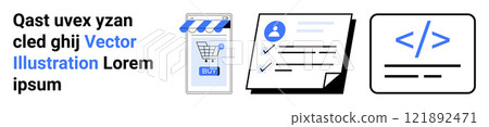 Online store with a shopping cart button, a user profile checklist, and a coding symbol. Ideal for e-commerce, web development, user interface design, technology, digital business. Banner for landing 121892471
