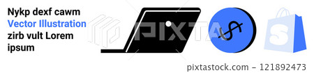 Depicts a black laptop, a blue circle with a dollar sign, and a blue shopping bag. Ideal for online shopping, e-commerce, business, retail, and financial planning. Landing page 121892473