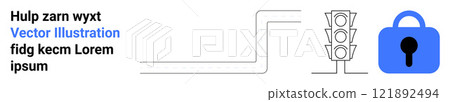 Road and traffic light with a blue lock symbol on a white background. Ideal for themes of digital security technology web development and online safety. Banner for landing page Road and traffic light with a blue lock symbol on a white background. Ideal for themes of digital security technology web development and online safety. Banner for landing page 121892494