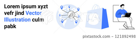 Representation of global connections with network nodes around a central office building globe icon shopping, bag and person using a laptop Ideal for e-commerce global networking online shopping Representation of global connections with network nodes around a central office building globe icon shopping, bag and person using a laptop Ideal for e-commerce global networking online shopping 121892498